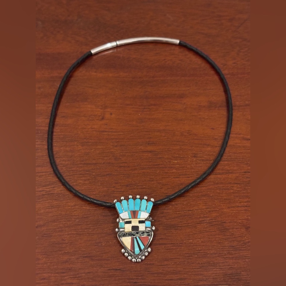 Turquoise, Silver, multi-stone Zuni pendant/pin on leather choker, silver clasp